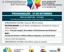 Programação das palestras do dia 21 da X Conferência Estadual dos Direitos da Criança e do Adolescente.