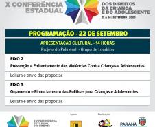 Programação das palestras do dia 22 da X Conferência Estadual dos Direitos da Criança e do Adolescente.