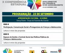 Programação das palestras do dia 23 da X Conferência Estadual dos Direitos da Criança e do Adolescente