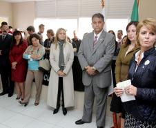 A secretária da Família e Desenvolvimento Social, Fernanda Richa, o secretário de Segurança Pública, Cid Vasques, a presidente do Conselho Estadual dos Direitos da Criança e do Adolescente (Cedca), Marcia Tavares, e o delegado-geral da Polícia Civil, Marcus Vinicius Michelotto, participam em Curitiba, da inauguração do Núcleo de Proteção à Criança e ao Adolescente (Nucria) e do Serviço de Investigação de Crianças Desaparecidas (Sicride).Foto:Rogério Machado/SEDS