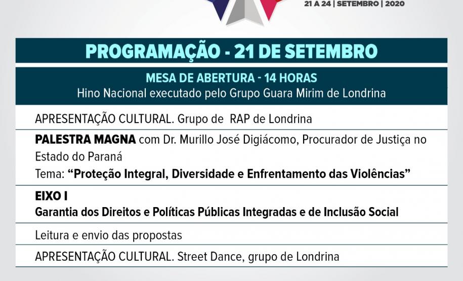 Conferência dia 21 Programação das palestras do dia 21 da X Conferência Estadual dos Direitos da Criança e do Adolescente.